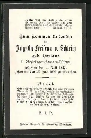 Sterbebild Augusta Freifrau v. Schleich 1822-1906, gestorben in München