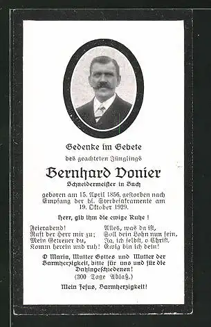 Sterbebild Bernhard Donier, Schneidermeister aus Bach, 1956-1929