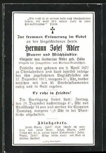 Sterbebild Hermann Josef Adler, Maurer un Milchhändler, Mitglied der Junggesellen und Barbare-Bruderschaft, 1872-1912