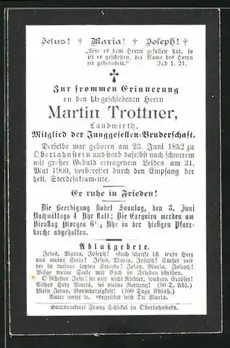 Sterbebild Martin Trottner, Landwirth, Mitglied der Junggesellen-Bruderschaft, 1852-1900