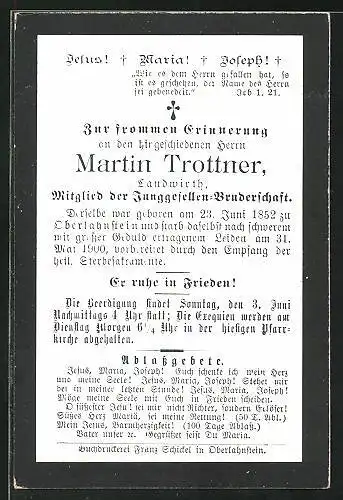 Sterbebild Martin Trottner, Landwirth, Mitglied Junggessel-Bruderschaft, 1852-1900