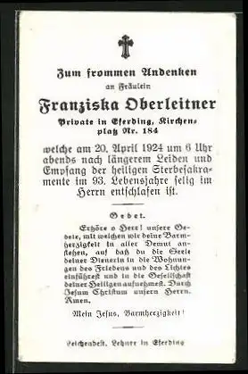 Sterbebild Franziska Oberleitner, gestorben 20.04.1924