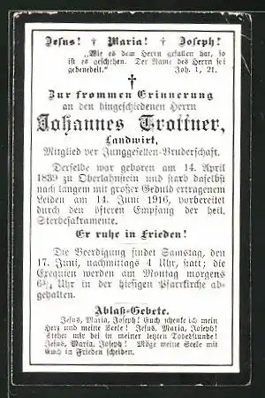 Sterbebild Johannes Trottner, Landwirt, Mitglied Junggesellen-Bruderschaft, 1839-1916