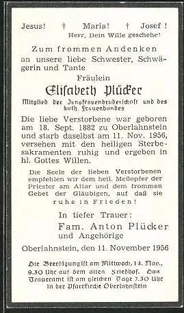 Sterbebild Elisabeth Plücker, Mitglied Jungfrauenbruderschaft und Kath. Frauenbund, 1882 - 1956