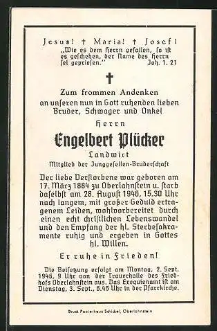 Sterbebild Engelbert Plücker, Landwirt, Mitglied Junggesellen-Bruderschaft, 1884 - 1946