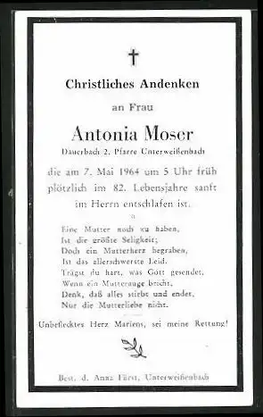 Sterbebild Antonia Moser, gestorben 1964 in Unterweissenbach