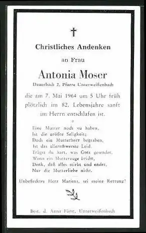 Sterbebild Antonia Moser, gestorben 1964 in Unterweissenbach