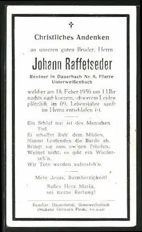 Sterbebild Johann Raffetseder, gestorben in Unterweissenbach 1956