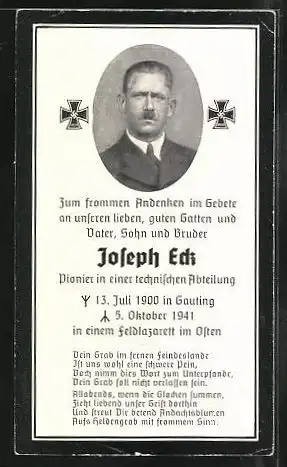 Sterbebild Joseph Eck, Pionier in einer tech. Abteilung, 1900 - 1941 gefallen im Osten