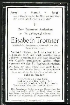 Sterbebild Elisabet Trottner, Mitglied Jungfrauenbruderschaft und Rosenkranzverein, 1845-1934