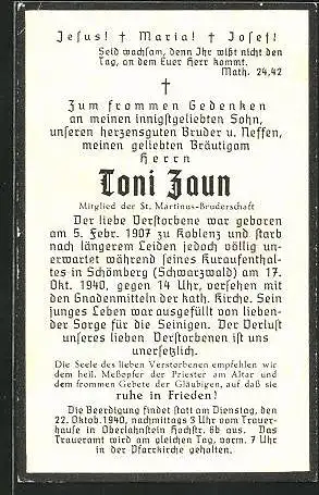 Sterbebild Toni Zaun, Mitglied St. Martinus-Bruderschaft, 1907-1940