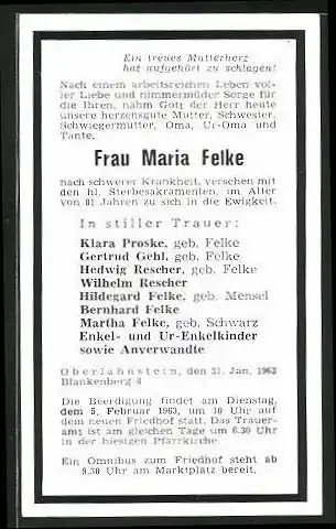 Sterbebild Maria felke, gestorben 1963 in Oberlahnstein