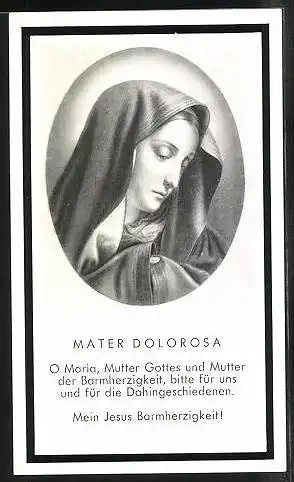 Sterbebild Maria felke, gestorben 1963 in Oberlahnstein