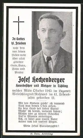 Sterbebild Josef Hechenberger, Metzger aus Tüssling, gefallen 1945 in Woloschilograd / Russland