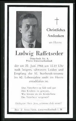 Sterbebild Ludwig Raffestseder, 1966 gestorben in Unterweissenbach