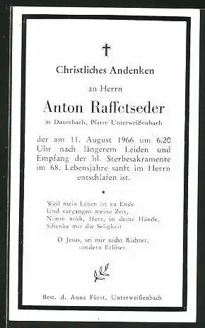 Sterbebild Anton Raffetseder, gestorben 1966 in Unterweissenbach