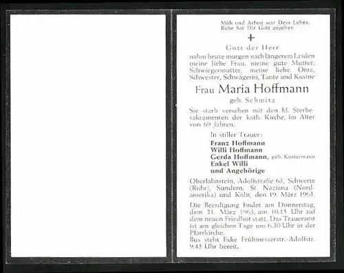 Sterbebild Maria Hoffmann, gestorben 1963 in Köln