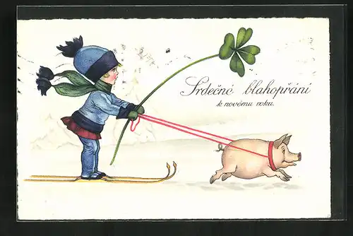 Lithographie Kind auf Skiern mit Kleeblatt vom Schwein gezogen