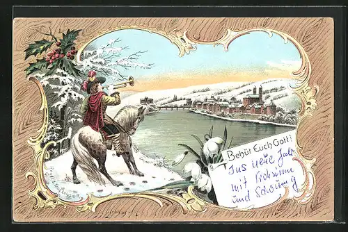 Lithographie Trompeter von Säckingen am winterlichen Flussufer, Behüt Euch Gott