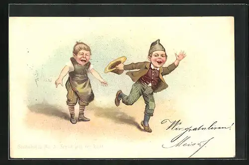 Lithographie Weinendes und wegrennendes Kind, Gewalt geht vor Recht