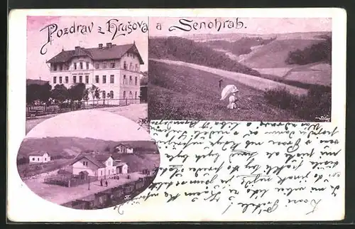 AK Hrusov, Strassenpartie aus der Vogelschau, Blick ins Land
