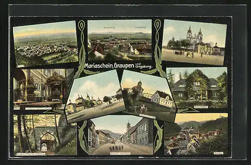 AK Mariaschein, Mückentürmchen, Gaupen Marktplatz, Schweissjäger, Tor zur Rosenburg, Inneres der Wallfahrtskirche