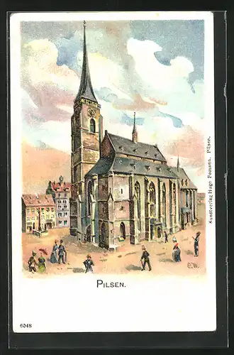 Künstler-AK Pilsen, Passanten an der Kirche