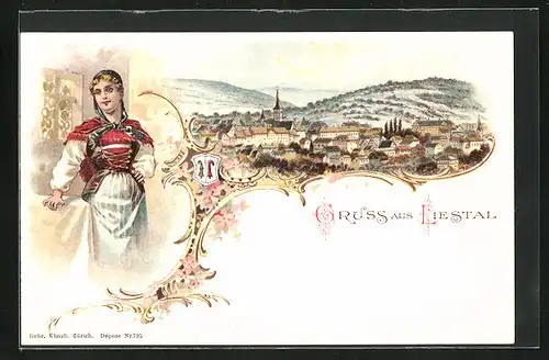Lithographie Liestal, Panoramablick auf den Ort, Mädchen in Tracht