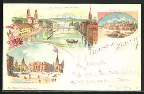 Lithographie Zürich, Blick auf die Alpen, Bahnhof, Paradeplatz