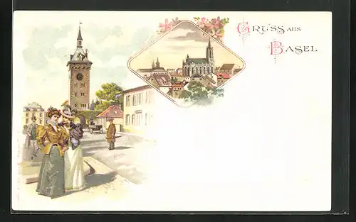 Lithographie Basel, Strassenpartie, Kirche
