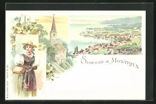 Lithographie Montreux, Totalansicht, Kirche