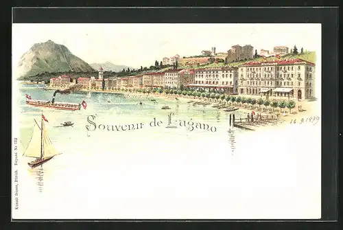 Lithographie Lugano, Partie der Promenade, Dampfer
