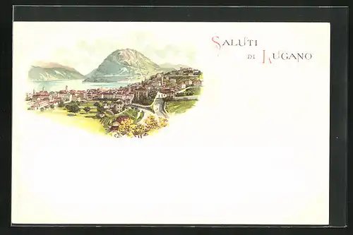 Lithographie Lugano, Totalansicht mit See
