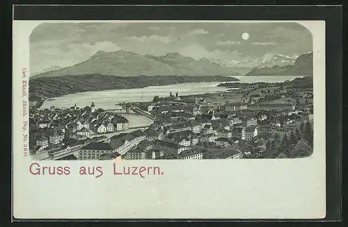 Mondschein-Lithographie Luzern, Totalansicht im Mondlicht