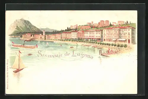 Lithographie Lugano, Strandpromenade, Dampfer