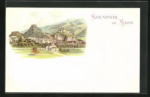 Lithographie Sion, Totalansicht mit Burgberg