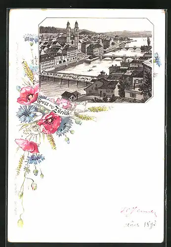 Lithographie Zürich, Teilansicht, Blumenbouquet