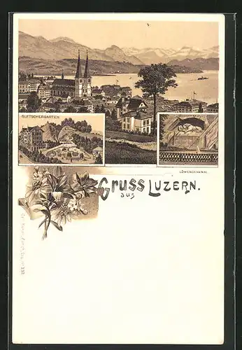 Lithographie Luzern, Restaurant Gletschergarten, Löwendenkmal, Totalansicht