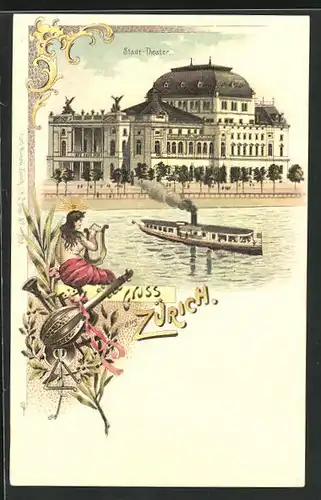 Lithographie Zürich, Partie am Stadttheater, Dampfer