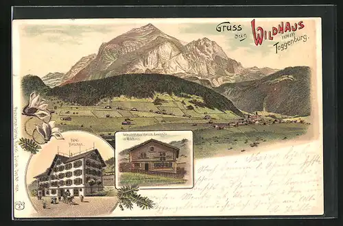 Lithographie Wildhaus, Hotel Hirschen, Geburtshaus Ulrich Zwingli, Panorama mit Bergmassiv