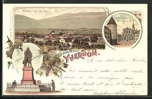 Lithographie Yverdon, Vue générale, Place Pestalozzi et l`Eglise