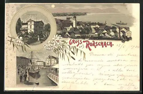 Lithographie Rorschach, Villa Seefeld, Hafen, Ortspartie