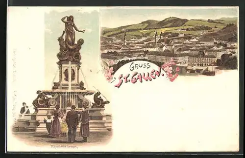 Lithographie St. Gallen, Monumentalbrunnen, Gesamtansicht