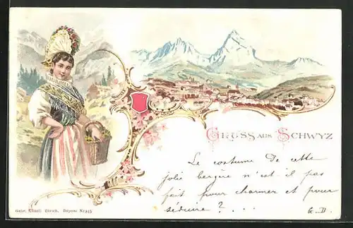 Lithographie Einsiedeln, Gesamtansicht mit Alpenpanorama, Dame in Tracht