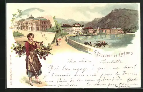 Lithographie Lugano, Promenade am See, Herrschaftliches Gebäude