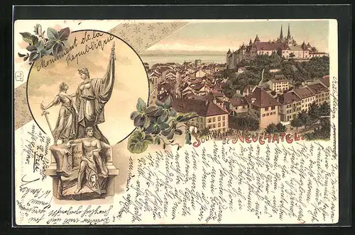 Lithographie Neuchatel, Monument de la Republique, Totalansicht
