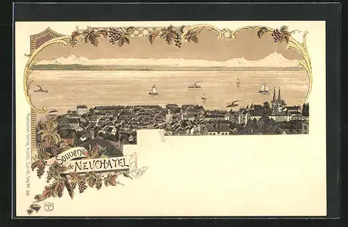 Lithographie Neuchatel, Panorama mit Alpen