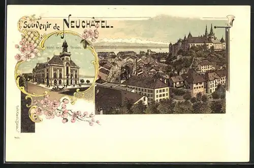 Lithographie Neuchatel, Hotel des Postes, Ortspartie