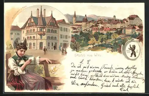 Lithographie Wil, Gasthaus zur Rose, Panorama, Frau in Tracht