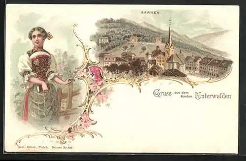 Lithographie Sarnen /unterwalden, Teilansicht mit Kirche, Frau in Tracht